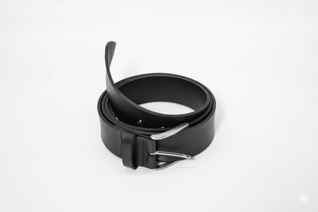 Cintura artigianale in pelle nera realizzata a mano con pelle di alta qualità e finiture eleganti.