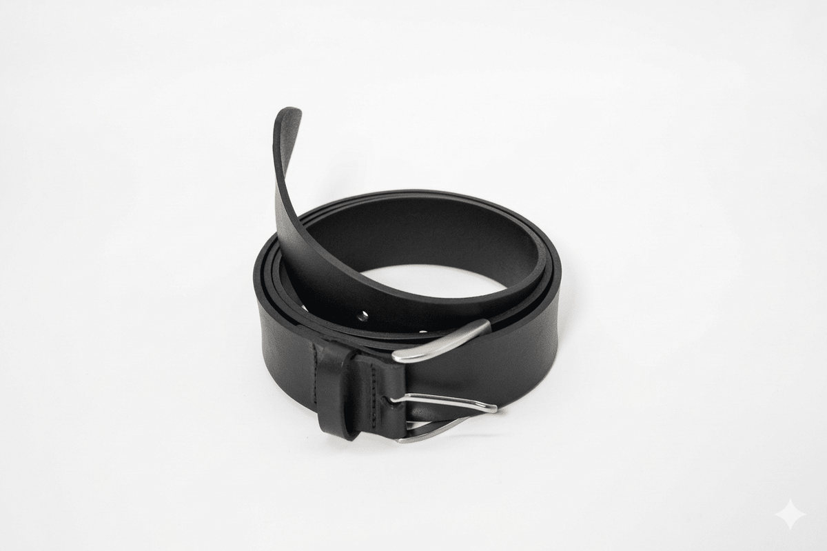 Cintura artigianale in pelle nera realizzata a mano con pelle di alta qualità e finiture eleganti.