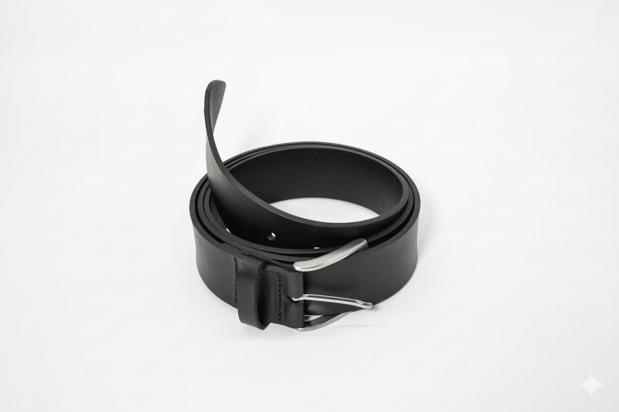 Cintura artigianale in pelle nera realizzata a mano con pelle di alta qualità e finiture eleganti.